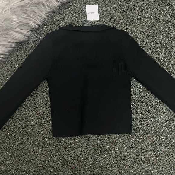 FOREVER 21 Black Ribbed Cropped Cardigan Collared Shirt Sweater Top Casual Sz M - Picture 8 of 10